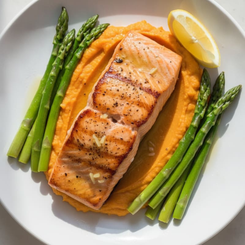 Seared Salmon with Steamed Asparagus and Sweet Potato Mash