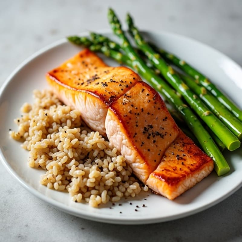 Seared Salmon with Steamed Asparagus and Brown Rice