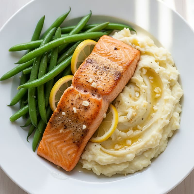 Seared Salmon with Steamed Green Beans and Garlic Mashed Potatoes