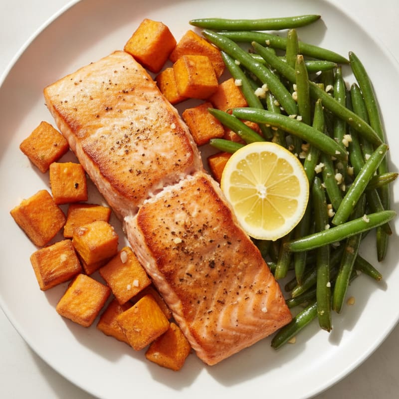 Seared Salmon Fillet with Roasted Sweet Potatoes and Garlic Green Beans
