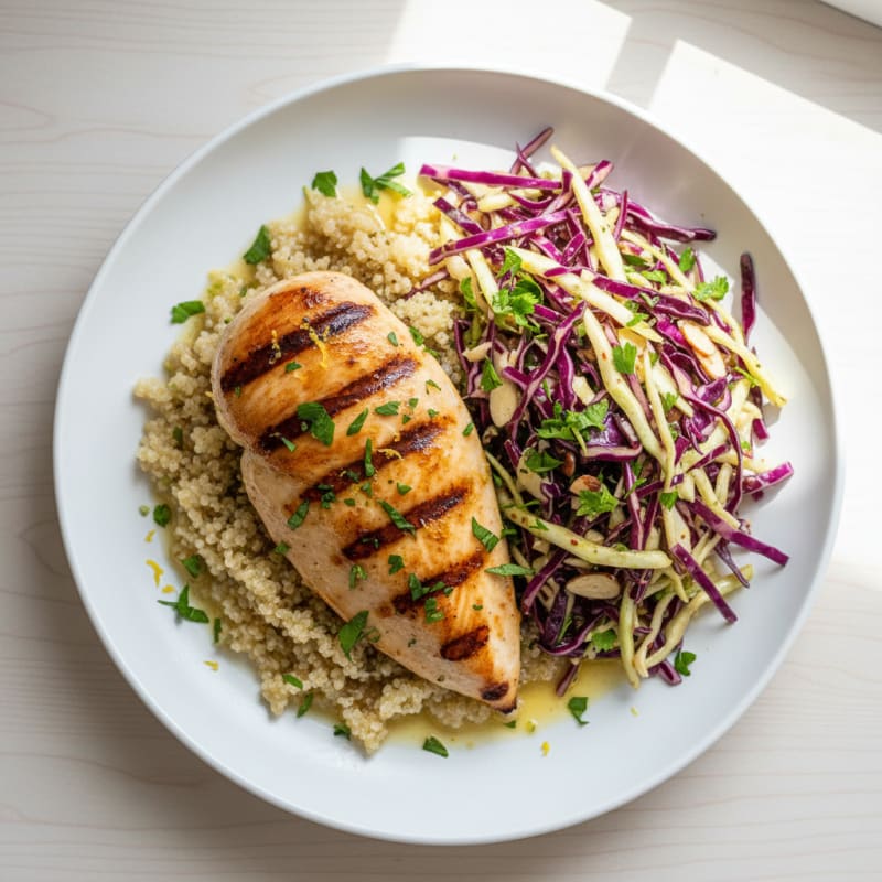 Grilled Chicken Breast with Crunchy Cabbage Slaw and Quinoa