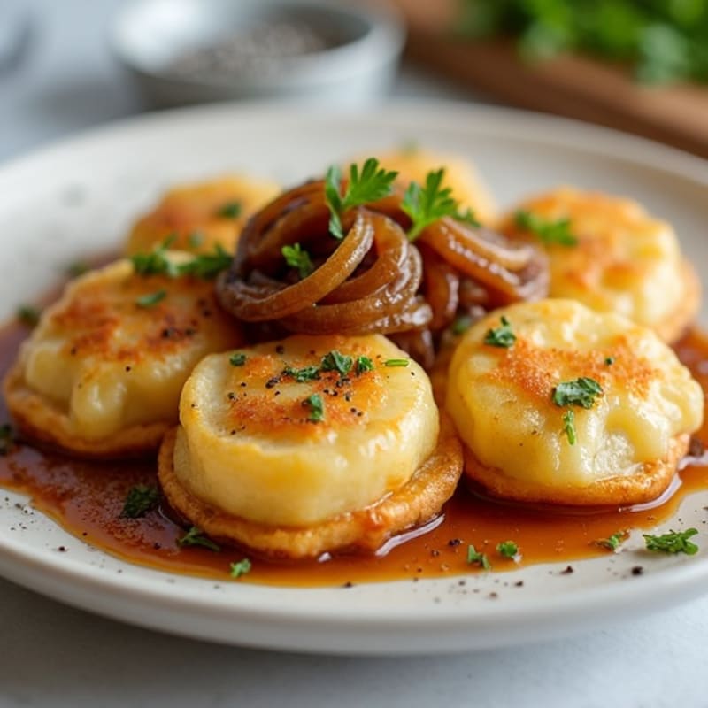 Crispy Pan-Seared Potato Dumplings with Caramelized Onions