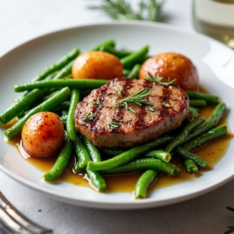 Seared Steak with Garlic Green Beans and Herb-Roasted Potatoes