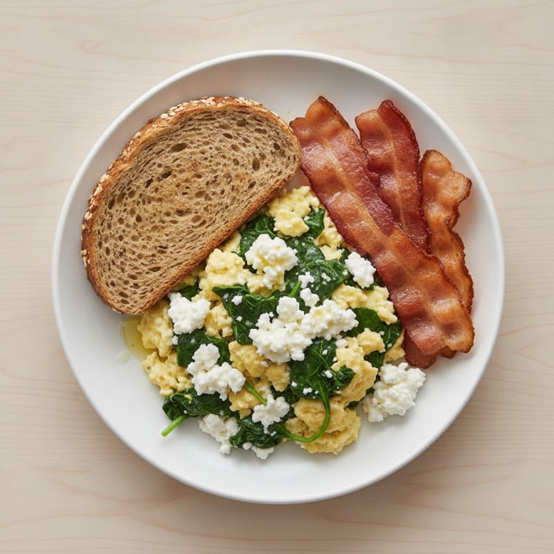 Cottage Cheese Scramble with Spinach and Turkey Bacon