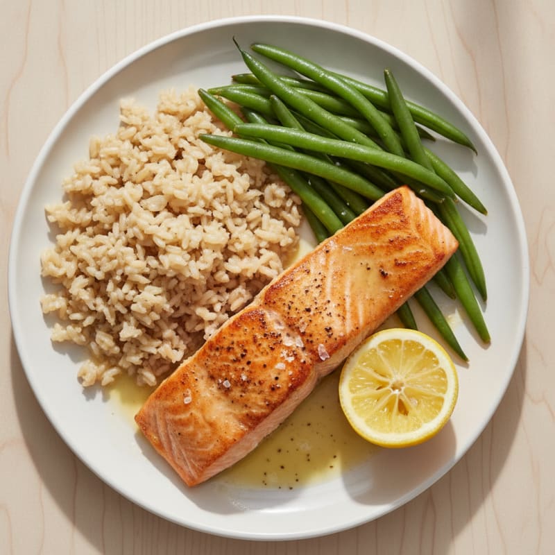 Seared Salmon with Steamed Green Beans and Brown Rice