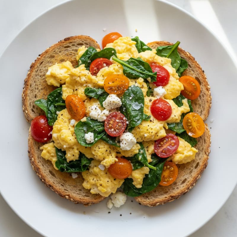High-Protein Eggs on Toast with Sautéed Spinach and Tomatoes