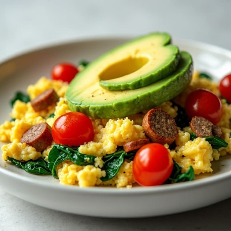 Egg White and Turkey Sausage Scramble with Spinach and Cherry Tomatoes