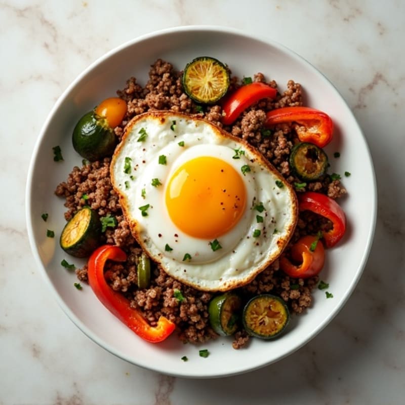 Hearty Ground Bison and Roasted Vegetable Skillet