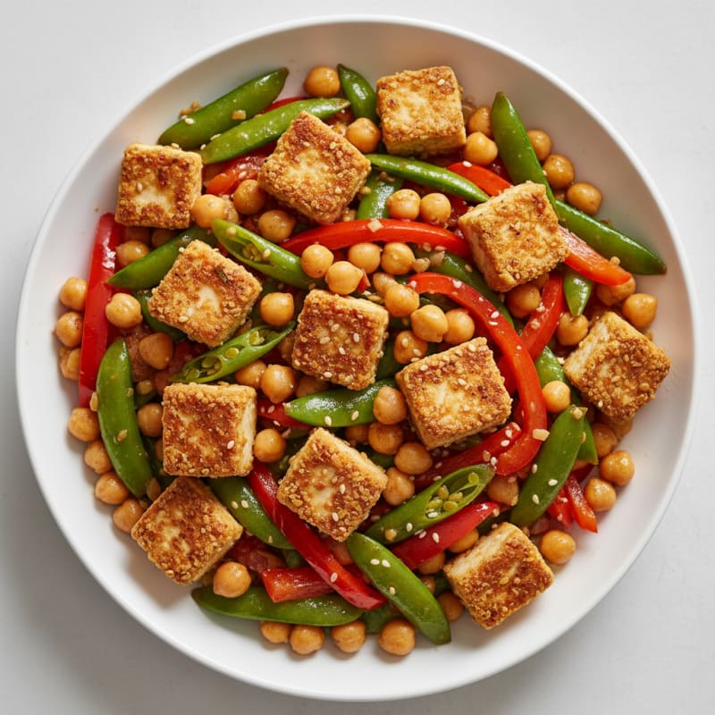 Grilled Tofu and Chickpea Stir Fry with Snap Peas and Bell Peppers