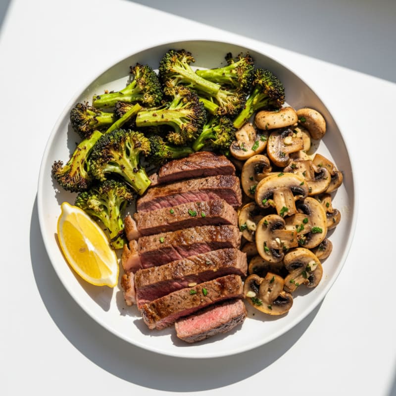 Pan-Seared Steak with Roasted Broccoli and Garlic Mushrooms