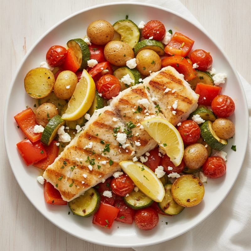 Grilled Fish with Roasted Peppers and Zucchini