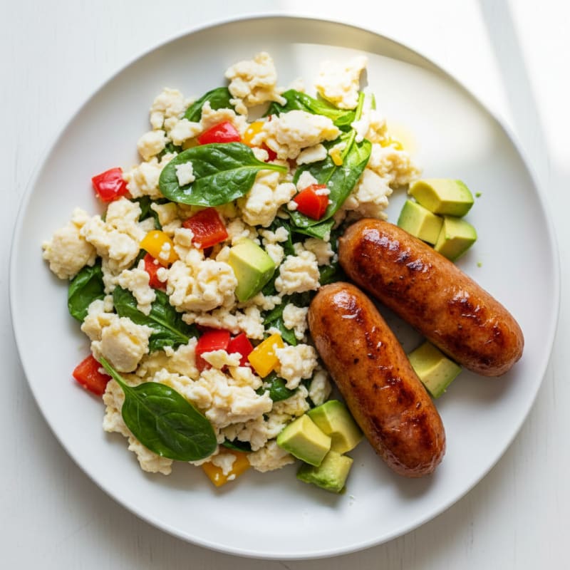 Egg White Veggie Scramble with Seared Turkey Sausage