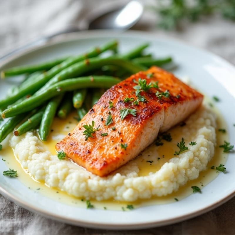 Seared Salmon Fillet with Garlic Green Beans and Cauliflower Mash