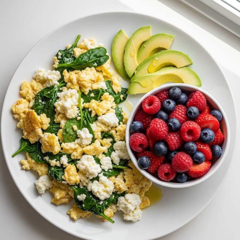 Egg White Spinach Scramble with Cottage Cheese and Fresh Berries