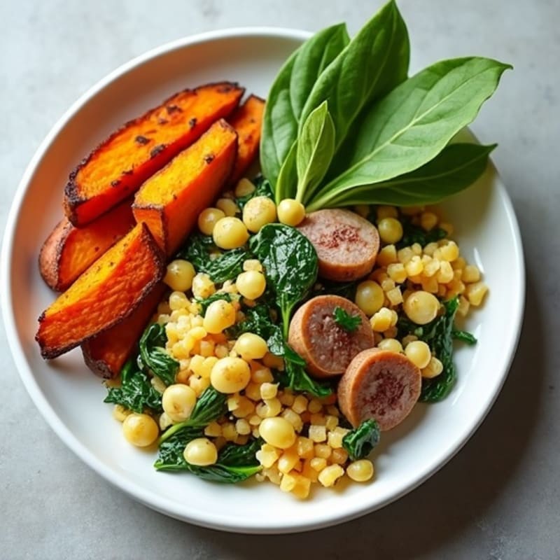 Egg White and Turkey Sausage Scramble with Spinach and Roasted Sweet Potatoes