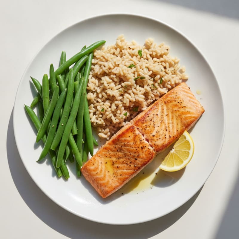 Seared Salmon Filet with Steamed Green Beans and Brown Rice