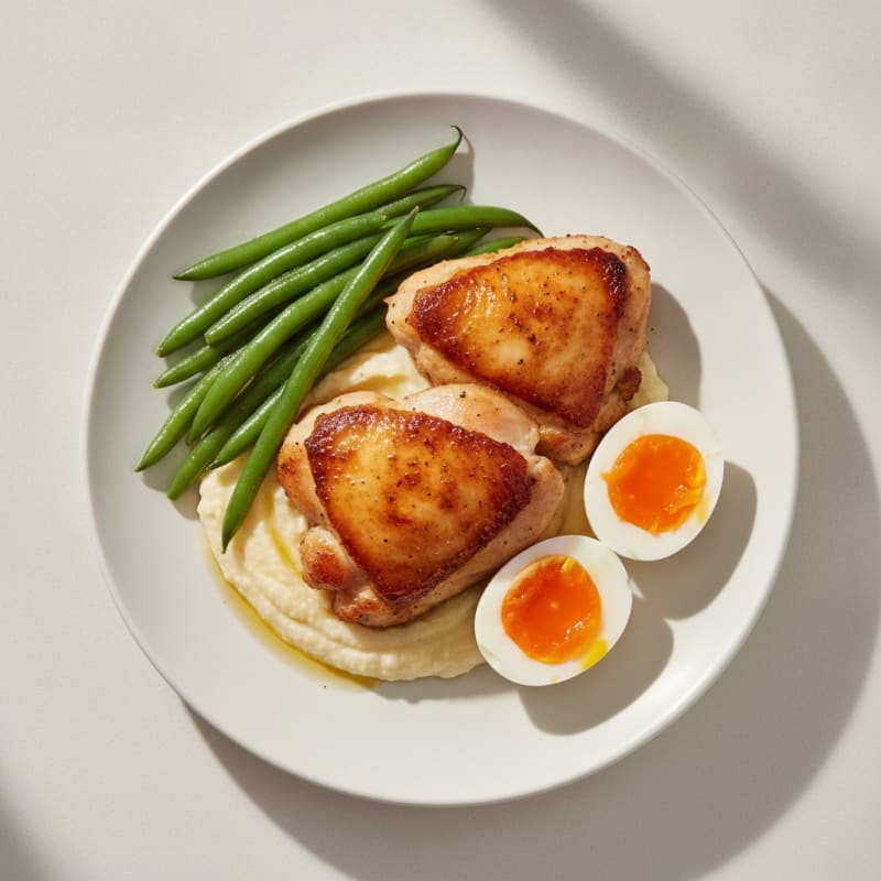 Seared Chicken Thighs with Steamed Green Beans and Cauliflower Mash