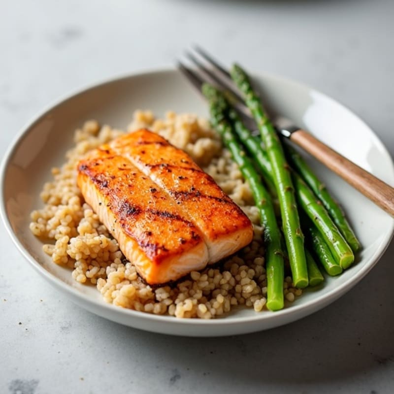 Seared Salmon Fillet with Steamed Asparagus and Brown Rice
