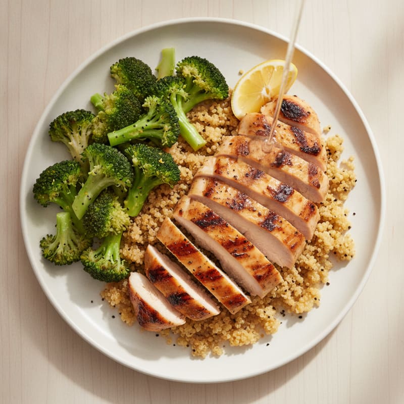 Grilled Chicken Breast with Steamed Broccoli and Lemon Pepper Quinoa