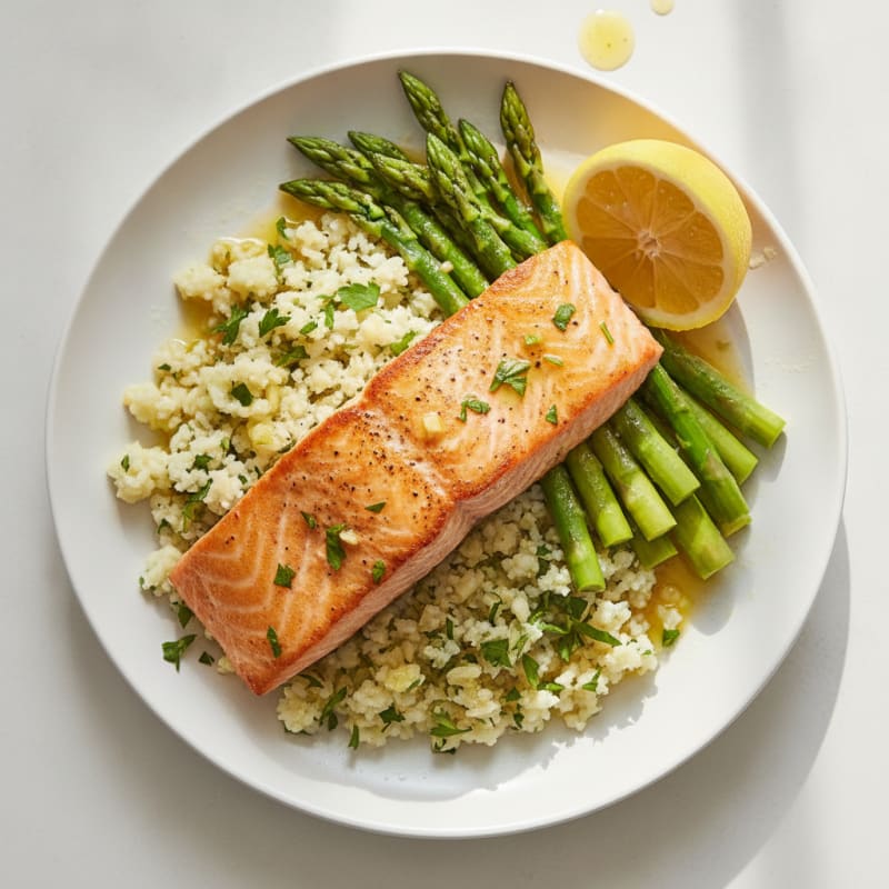 Seared Salmon with Steamed Asparagus and Herbed Cauliflower Rice