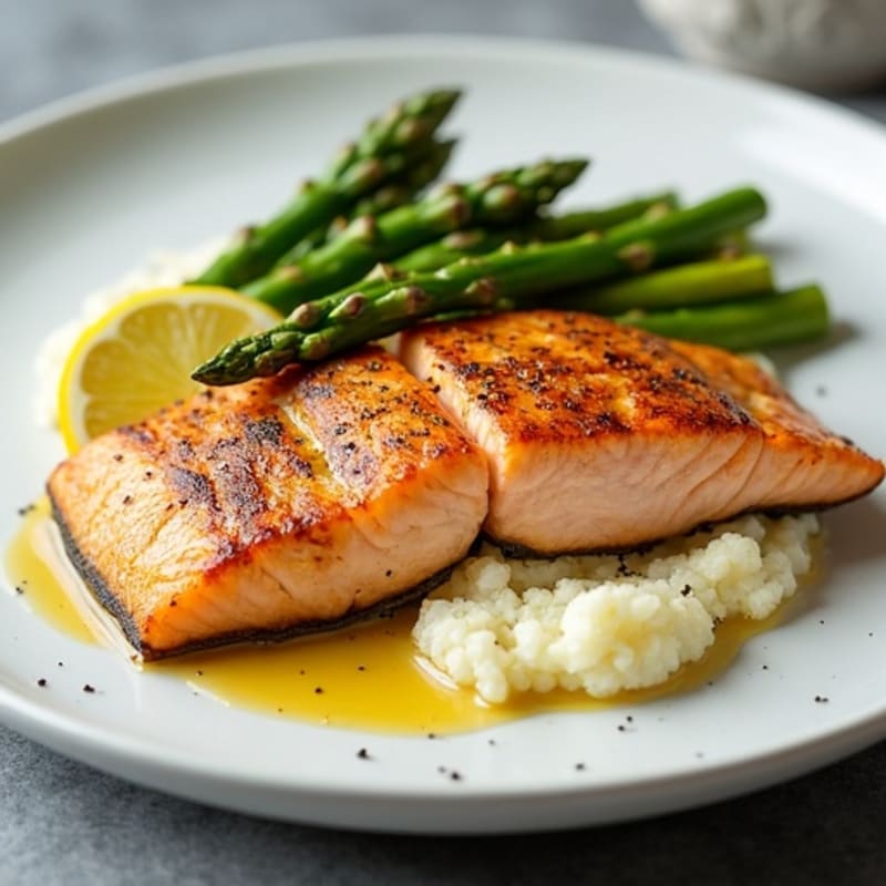 Seared Salmon with Roasted Asparagus and Cauliflower Mash