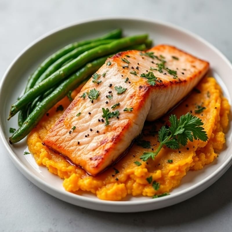 Seared Salmon with Garlic Green Beans and Sweet Potato Mash
