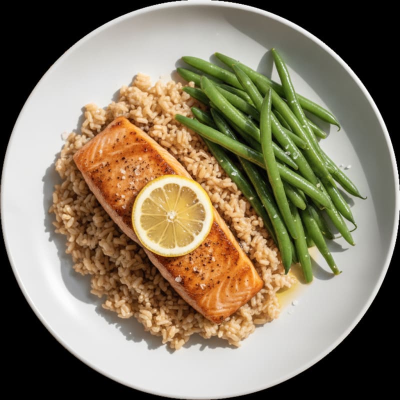 Seared Salmon with Steamed Green Beans and Brown Rice