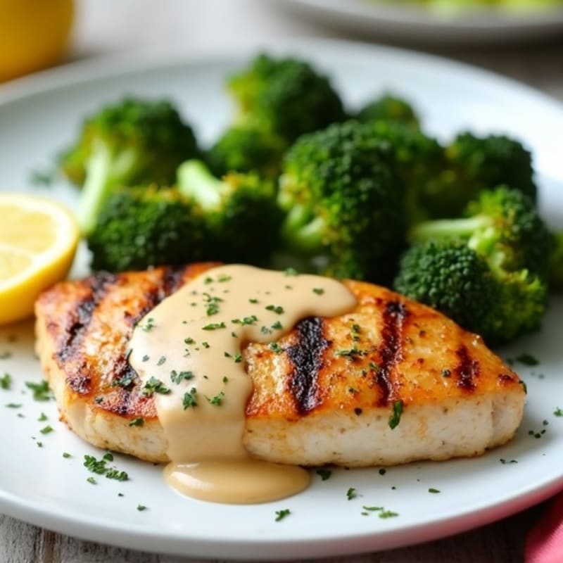 Grilled Chicken Breast with Roasted Broccoli and Lemon Tahini Drizzle