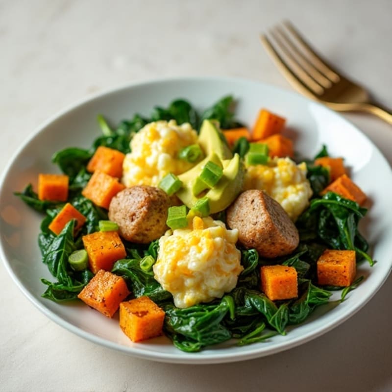 Egg White Spinach Scramble with Turkey Sausage and Roasted Sweet Potatoes
