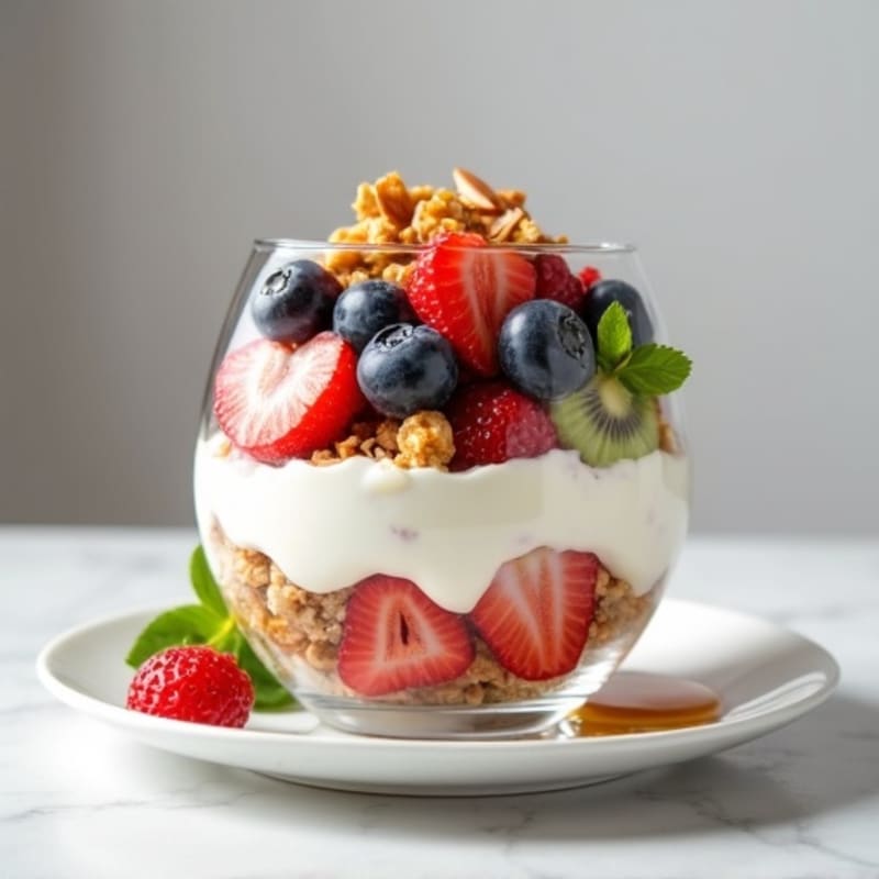 High-Protein Yogurt Parfait with Mixed Fruit and Crispy Granola