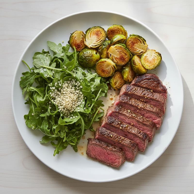 Seared Lean Beef with Roasted Brussels Sprouts and Arugula Salad