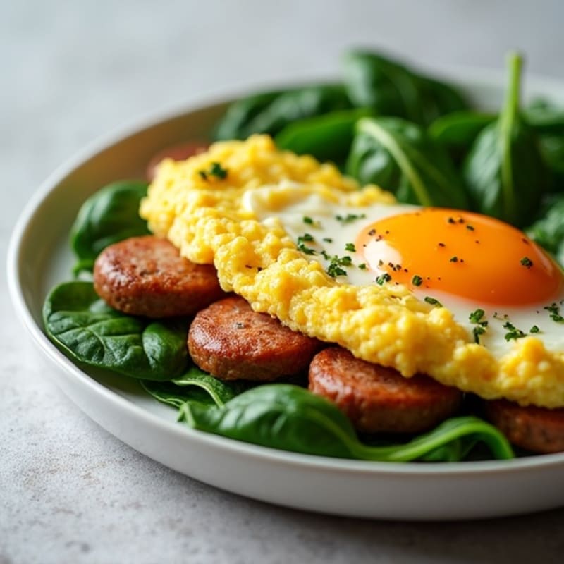 High Protein Egg and Lean Turkey Sausage Scramble with Fresh Spinach