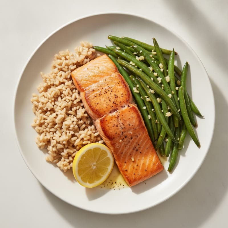 Seared Salmon Fillet with Garlic Green Beans and Brown Rice