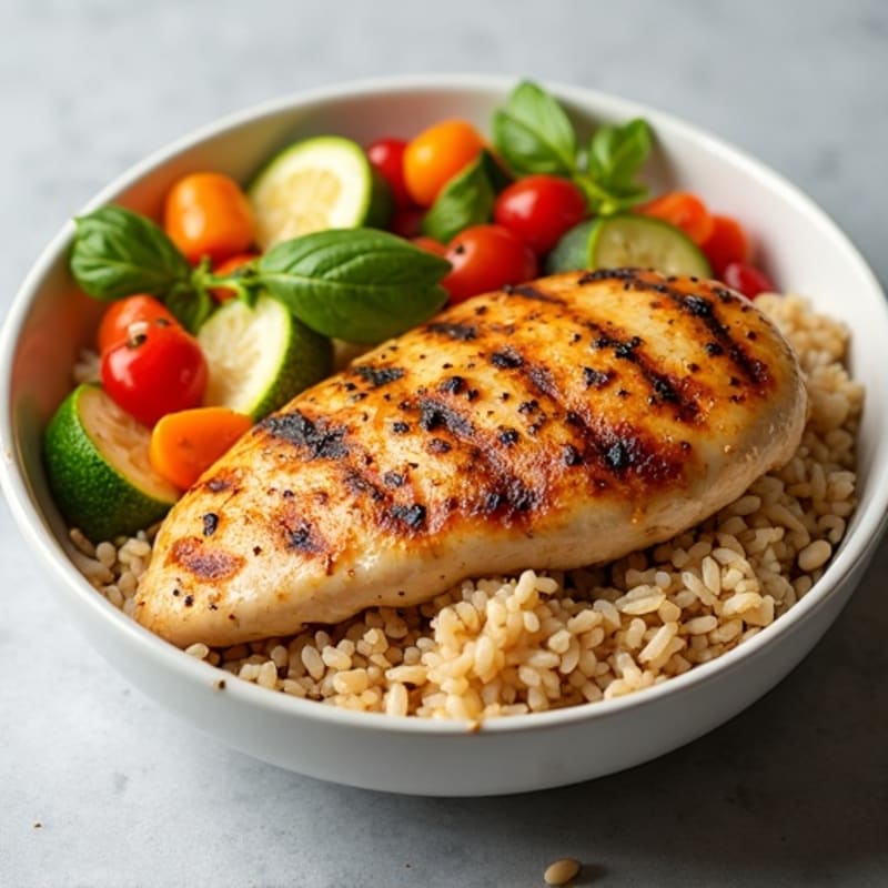 Grilled Chicken and Brown Rice Bowl with Roasted Vegetables