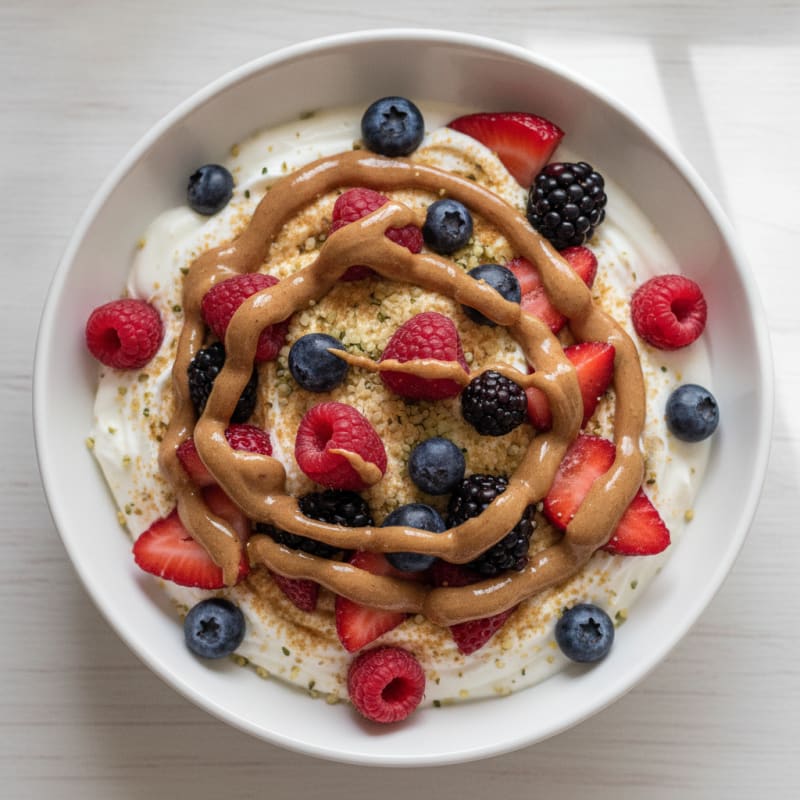 Vanilla Protein Yogurt Parfait with Mixed Berries and Almond Butter
