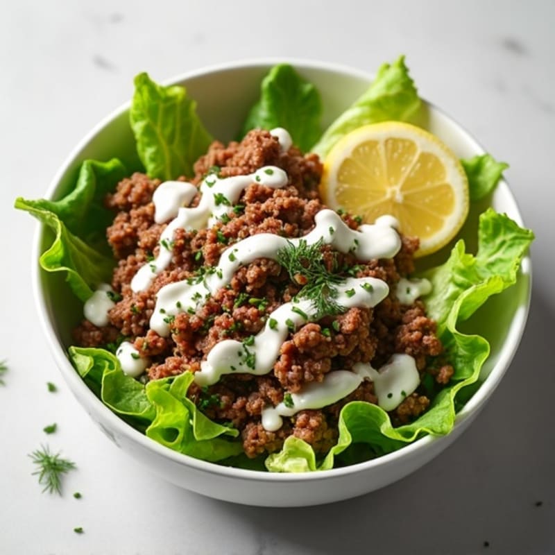 Seasoned Ground Beef and Crisp Lettuce Bowl with Creamy Dill Pickle Dressing