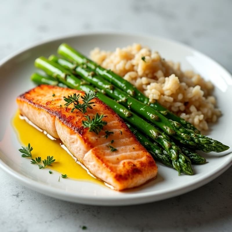 Seared Salmon Fillet with Steamed Asparagus and Brown Rice