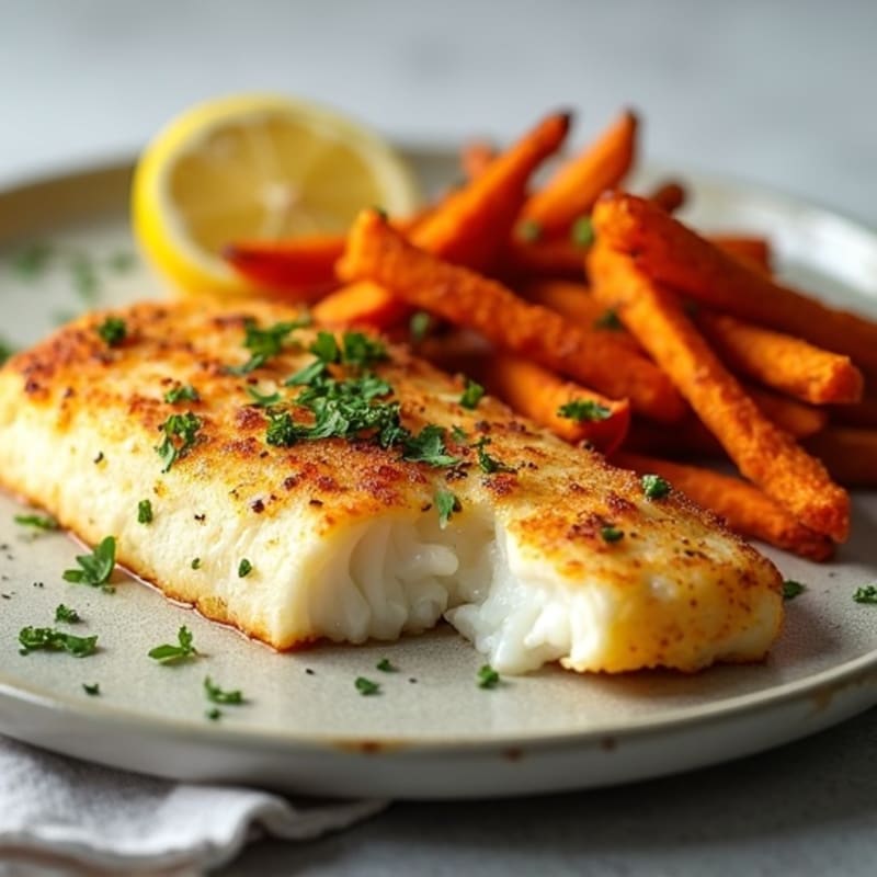 Lemon-Herb Crispy Baked Cod with Roasted Sweet Potato Fries