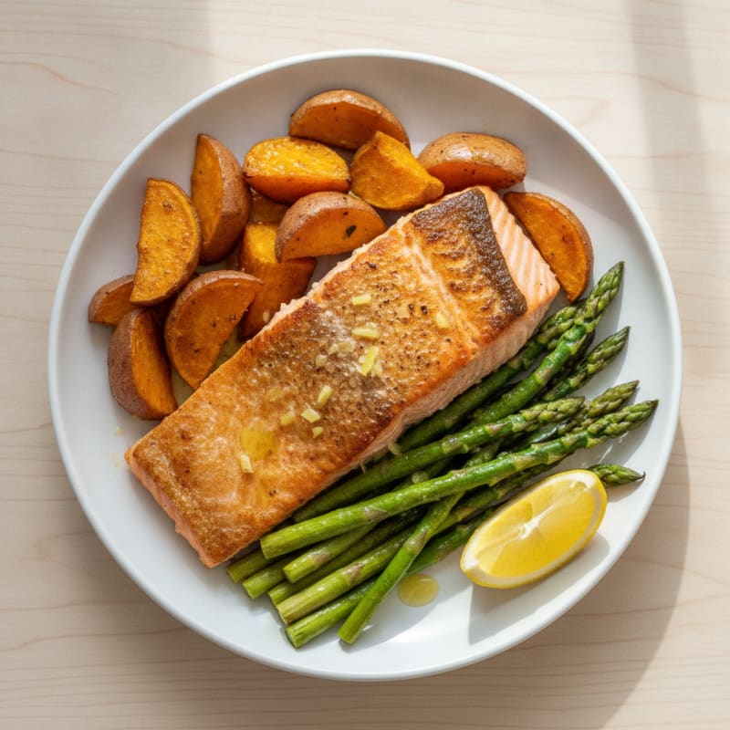 Seared Salmon Fillet with Roasted Sweet Potatoes and Asparagus