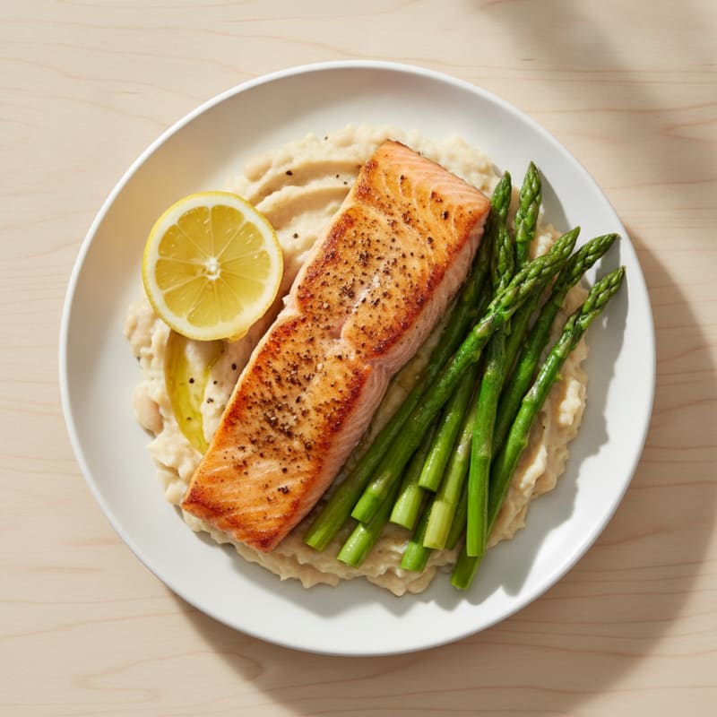 Seared Salmon with Creamy White Bean Mash and Steamed Asparagus