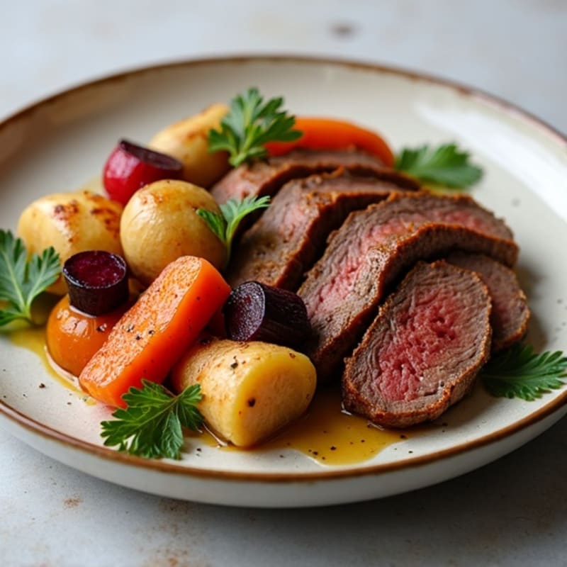 Lean Smoky Brisket with Crispy Roasted Root Vegetables