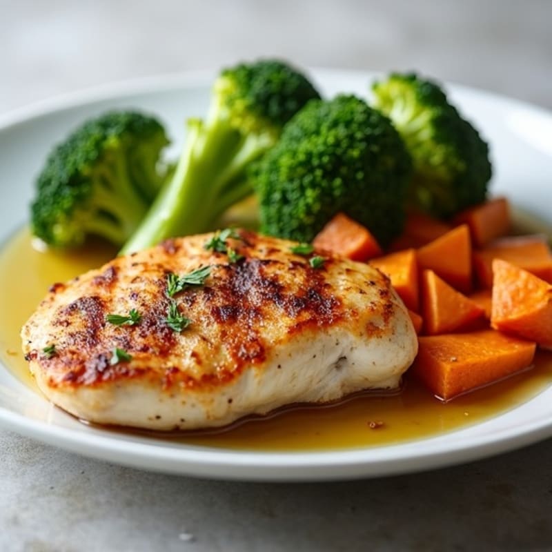 Seared Chicken Breast with Roasted Sweet Potatoes and Steamed Broccoli