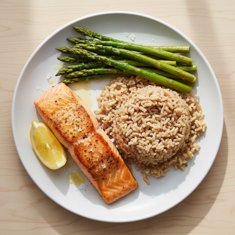 Seared Salmon with Steamed Asparagus and Brown Rice