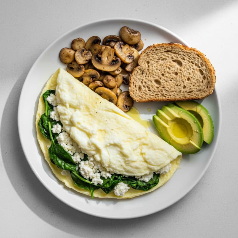 Egg White Spinach Omelet with Cottage Cheese and Sautéed Mushrooms