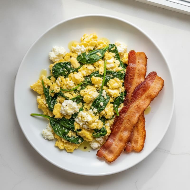 Cottage Cheese Egg Scramble with Spinach and Turkey Bacon