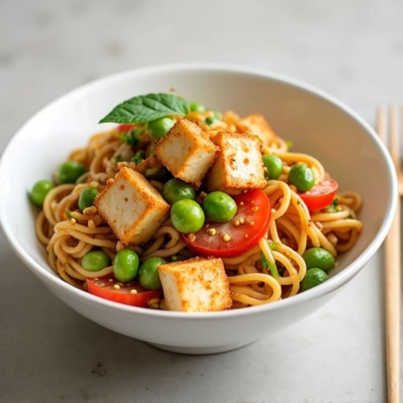 Creamy Peanut Noodles with Crispy Tofu and Fresh Vegetables