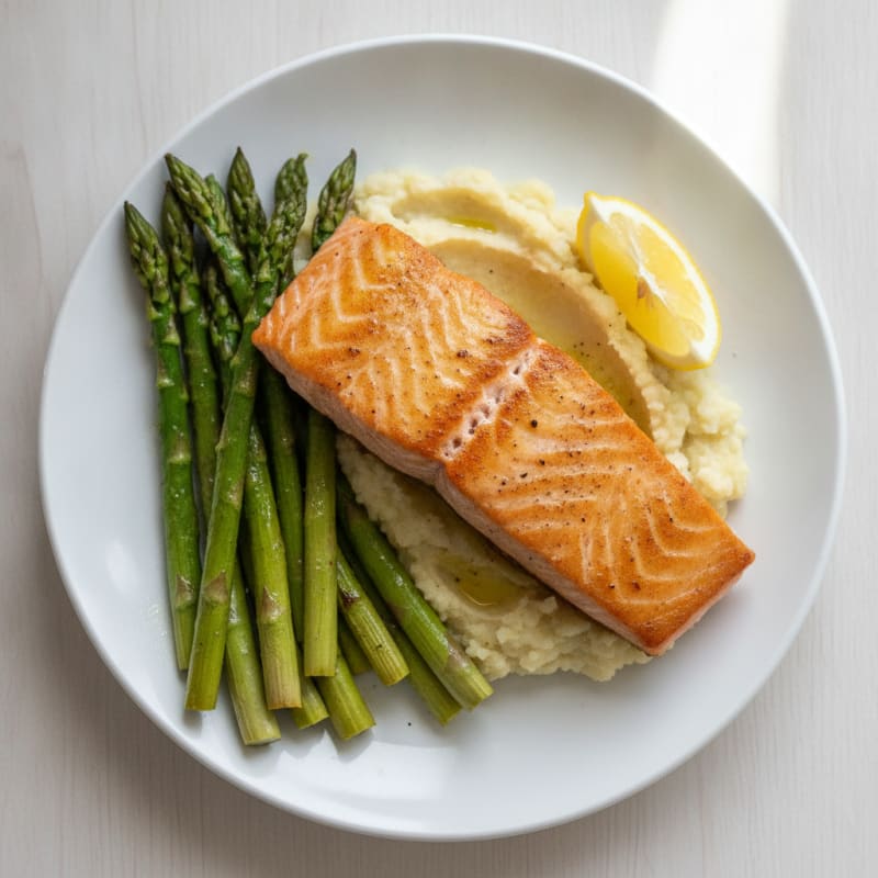 Seared Salmon with Roasted Asparagus and Cauliflower Mash