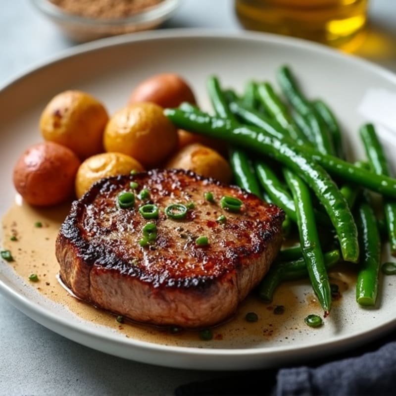 Pan-Seared Steak with Crispy Roasted Potatoes and Tender Green Beans