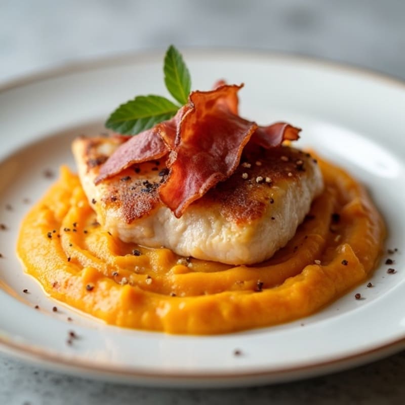Creamy Chicken with Sweet Potato Puree and Crispy Prosciutto