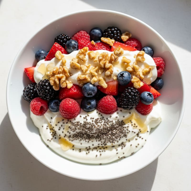 Greek Yogurt Protein Parfait with Mixed Berries and Chia Seeds